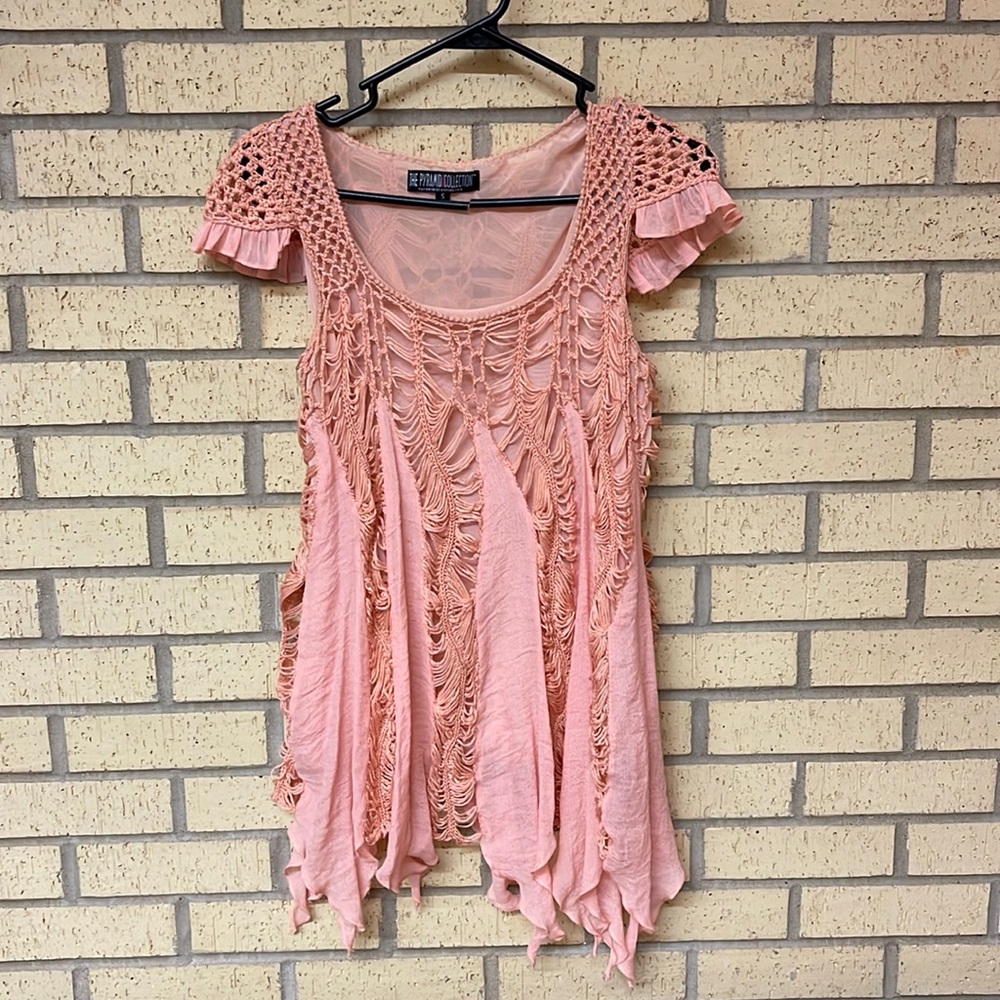 Tunic like top. Handkerchief hem. Cap sleeves.  Size small.